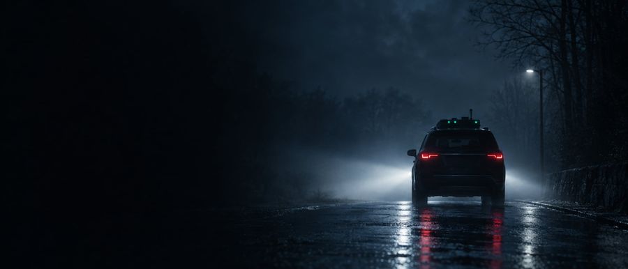 Автомобиль экипажа на ночной улице с включёнными фарами, вид со спины
