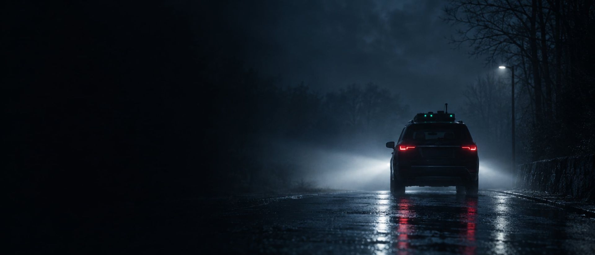 Автомобиль экипажа на ночной улице с включёнными фарами, вид со спины