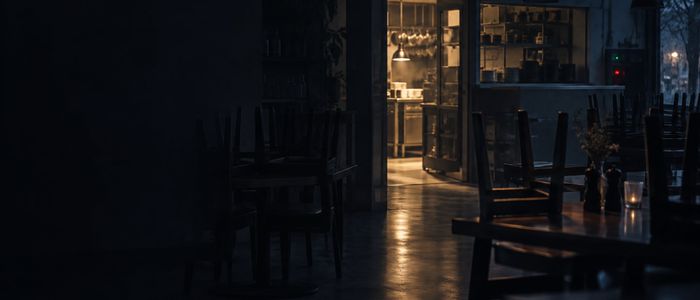 Пустой зал кафе после закрытия, перевёрнутые стулья и свет с кухни