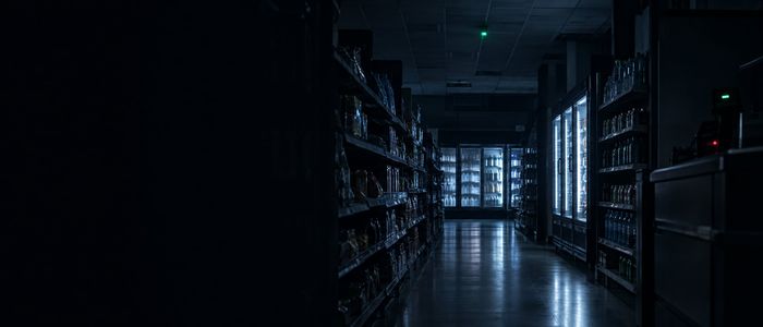Торговый зал магазина после закрытия, ряды стеллажей в дежурном свете