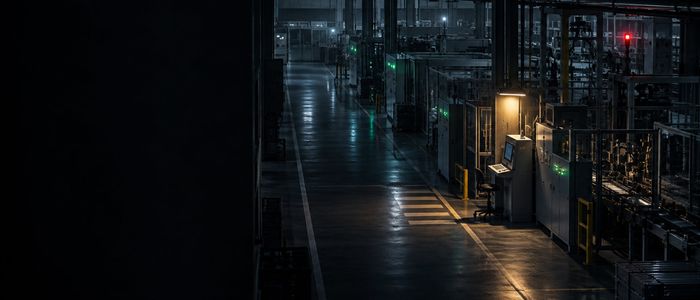 Производственный цех в ночную смену, остановленные линии и подсветка проходов