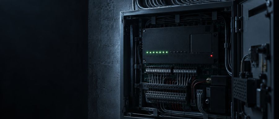 Приёмно-контрольный прибор на стене, разведённые шлейфы и ряд индикаторов