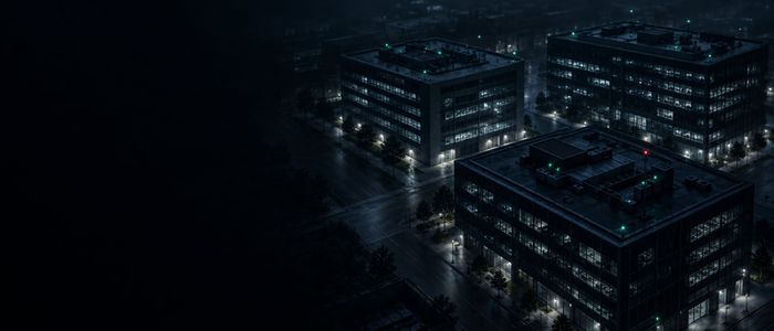 Несколько зданий городского квартала ночью, в каждом горит дежурный свет
