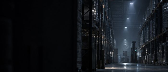 Складской ангар ночью, штабели паллет и дежурные светильники под кровлей